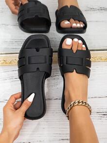 女士时尚纯色拖鞋，EVA塑料材质，轻便平底套脚夏季沙滩凉鞋，舒适度假拖鞋 - 黑色 - 查看 8