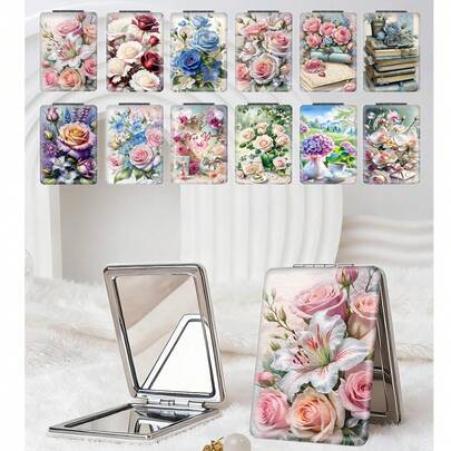 1 chiếc gương trang điểm gấp gọn kiểu cổ điển họa tiết hoa, gương cầm tay nhỏ gọn, trang nhã với thiết kế hoa hồng, hoa ly, sách, ngọc trai, hoa lan, hoa cẩm tú cầu lãng mạn, chất liệu da PU bền chắc, cấu trúc gấp gọn tiện lợi, phù hợp cho mọi dịp.