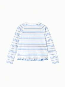 Balabala Mikko Girls Long Sleeve Tee, Crew Neck Design, Cute Character Print, Lightweight & Breathable, Spring Casual Top - Blue and White - View 2