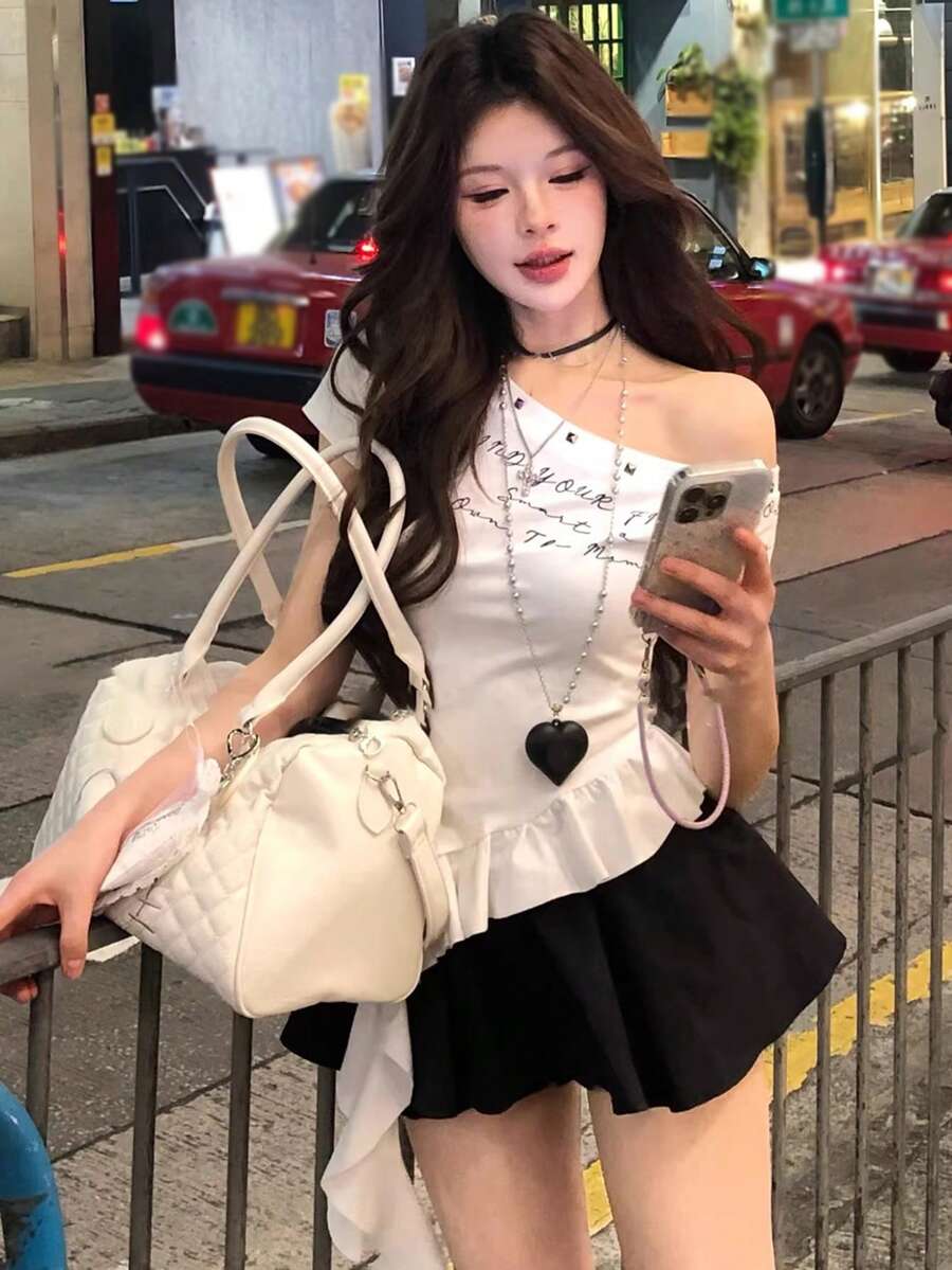Camiseta casual de manga corta con estampado de letras y cinta, con efecto estilizante y sexy - Blanco - Ver 1