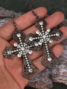 1 Pair Crystal Cross Earrings For Women, Suitable For Daily Wear - Black - View 1