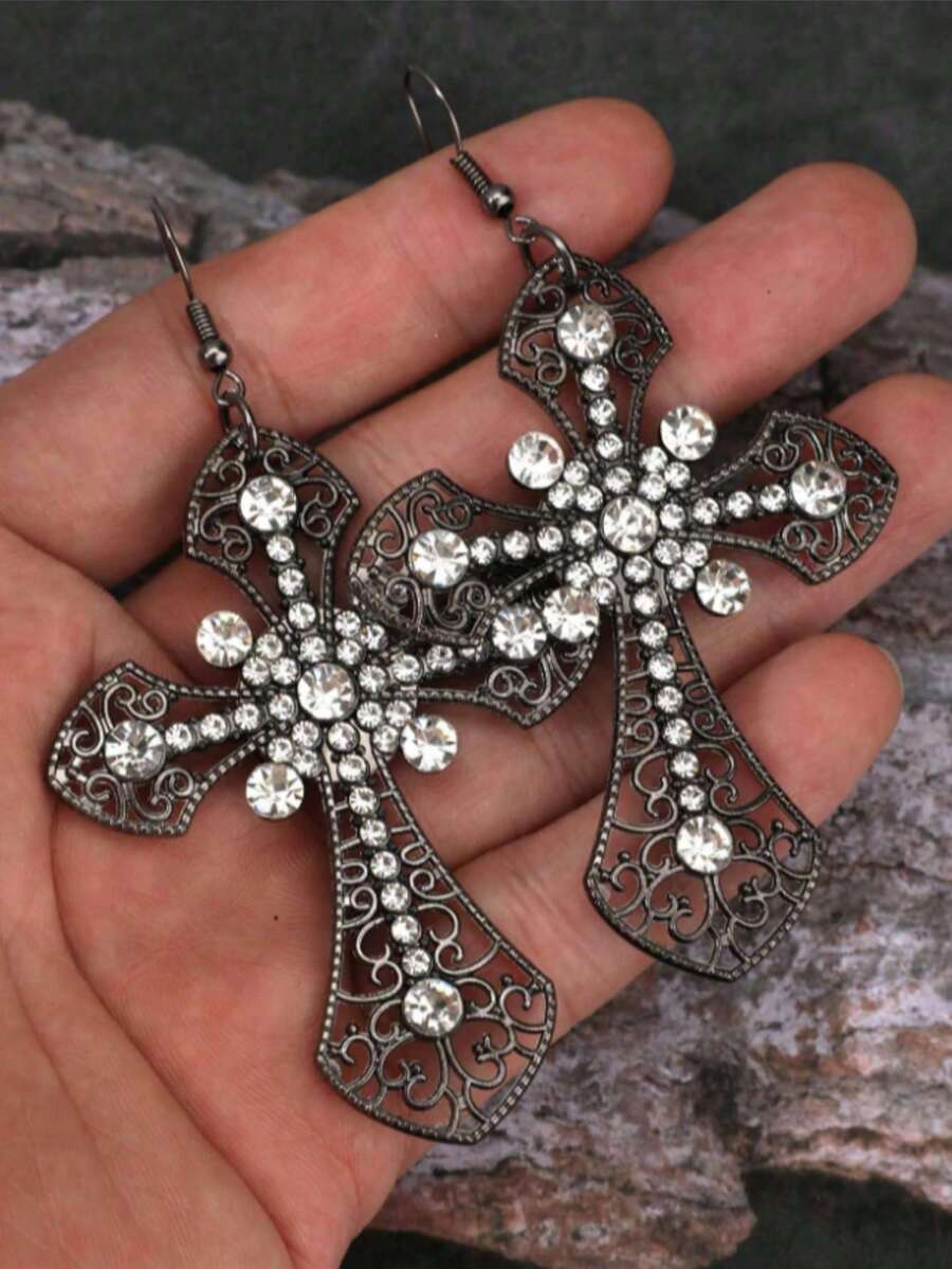 1 Pair Crystal Cross Earrings For Women, Suitable For Daily Wear - Black - View 1