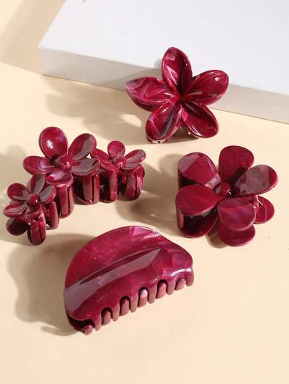 3/4 piezas Juego de pasadores de cabello con flores y conchas en degradado burdeos, tamaño grande adecuado para cabello grueso, elegante para uso diario, al aire libre, citas, peinado de moño, accesorios para el cabello sin deslizamiento y sin daños, pasadores rojos, regalo de San Valentín Juego de elegantes ganchos de moda para el cabello