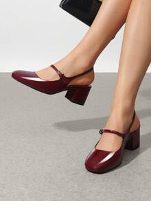 Women's Mary Jane Low Chunky Heels Slingback Closed Square Toe Dress Shoes Elegant Wedding Party Work Office Pumps Shoes - 酒紅色 - 查看 3