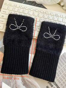 1 Pair Solid Color Rhinestone Bow Half Finger Gloves, Women's Plush Half Finger Gloves Suitable For Outdoor Warmth And Cold Protection In Autumn/Winter - Multicolor - View 6