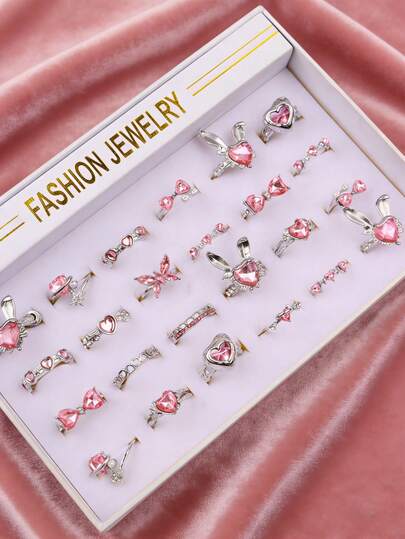 1/10 piezas/lote Juego de anillos de mujer con cristales de color rosa en estilo de conejo y lazo, joyería para dedos, accesorios para fiestas, uso diario y regalos para amigos