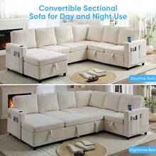 Puremind 101 Inch U Shaped Modular Sectional Sofa, Corduroy Convertible Sofa Bed With Storage For Living Room Apartment - 米色 - 查看 4