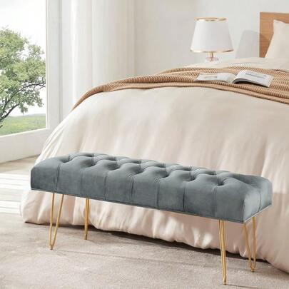 Velvet Bench, Upholstered Bench, Living Room Lounge Chair, Bedroom Bedside Bench, Electroplated Gold Steel Legs, Easy To Install, Gray/Pink, 116x40x45cm