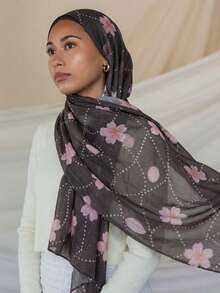 1 pieza Hiyab con estampado floral de sakura para mujer, hiyab de impresión digital premium con patrón floral en contraste, elegante y adecuado para uso diario, para todas las estaciones - Multicolor - Ver 3