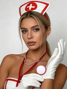 三件套护士服套装，含十字头带、听诊器、医疗配件，适合角色扮演、派对、单身舞会、节日趣味装扮，女士创意时尚基础款纯色涤纶服装 - 彩色 - 查看 3