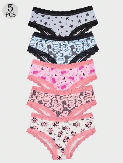 Dircho 5件套女士趣味印花三角裤套装，包含星星、月亮、爱心、瓢虫图案，饰有蕾丝花边，面料柔软，多种颜色可选，日常舒适内裤，可爱休闲风格