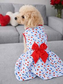holdhoney 1 Piece Fresh Retro-Style Pet Sundress, Light Fabric Dog Sleeveless Outfit, Charming Vintage Style With Light Blue Base & Contrasting Red-Blue Pattern, Sleeveless Shape Accented With Large Red Bow Detail For Sweet Look, Breathable & Comfortable Function To Keep Small Dogs Like Poodles Cozy - Multicolor - View 1