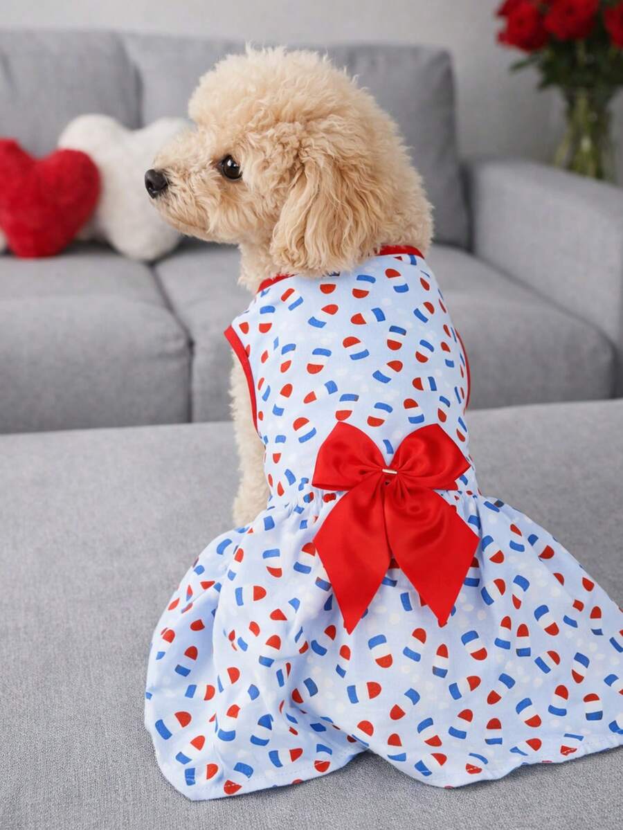 holdhoney 1 Piece Fresh Retro-Style Pet Sundress, Light Fabric Dog Sleeveless Outfit, Charming Vintage Style With Light Blue Base & Contrasting Red-Blue Pattern, Sleeveless Shape Accented With Large Red Bow Detail For Sweet Look, Breathable & Comfortable Function To Keep Small Dogs Like Poodles Cozy - Multicolor - View 1