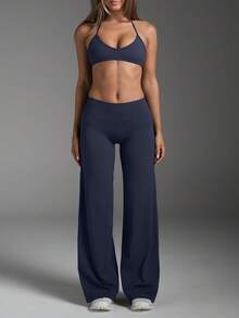 女士通勤运动优雅现代职场纯色修身喇叭裤 春季 - 寶藍色 - 查看 3