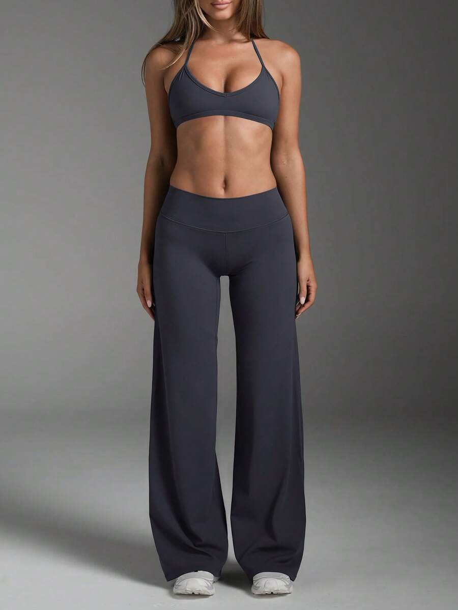 Pantalones acampanados de unicolor, ajustados y elegantes para el trabajo, ideales para el transporte y el deporte, para primavera - Gris Oscuro - Ver 1