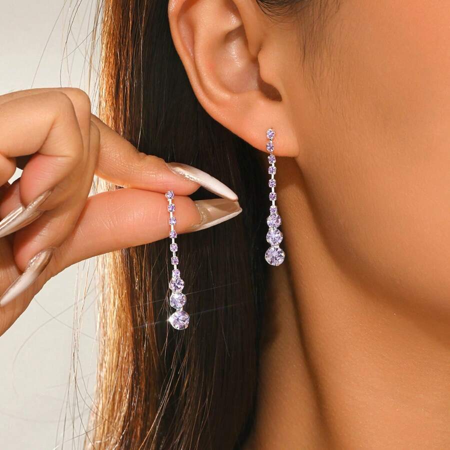 1 Pair Fashionable Long Teardrop Rhinestone Earrings, Suitable For Women's Daily Wear
