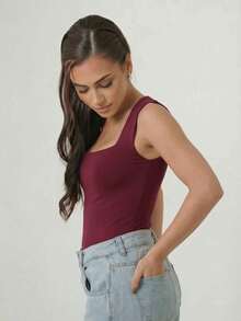 Women's Leotard Bodysuit With Square Neckline And Wide Straps Super Versatile Shapewear Fashion Blogger - Burgundy - View 3