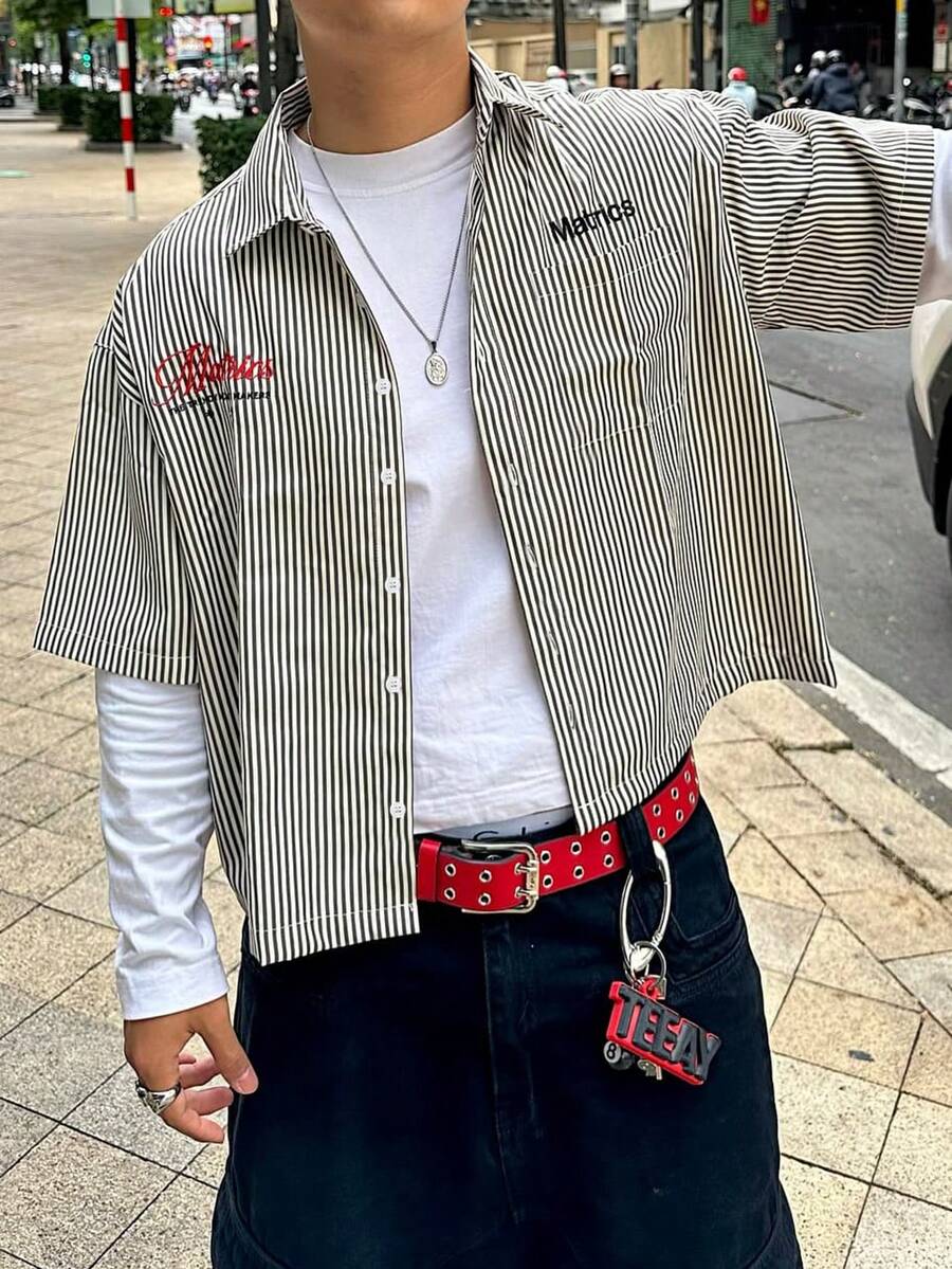 黑白条纹赛车风格字母印花复古美式街头休闲男士短袖衬衫,适合夏季日常穿着 - 彩色 - 查看 1
