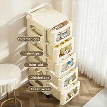Cute Bear Design Drawer Cabinet ,Multi-Purpose Storage,Easy Move With Handles,3/4/5 Tier Folding Drawers Storage Cabinet Rolling Utility Cart With Wheels, Multi-Purpose Storage,Easy Install High Quality And Movable,Large Capacity ,Free Combination,Universal Wheel Design More Convenient To Move,Storage Cabinet For Snacks Toys Storage, Cartoon Trolleys Cream White Nightstands Rolling Cart With Drawers To Organize For Bedroom,Apartment Saver - 米色 - 查看 5