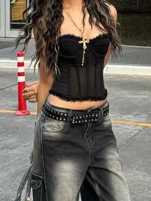 性感蕾丝拼接鱼骨网双层无背无肩带塑形文胸 - 黑色 - 查看 2