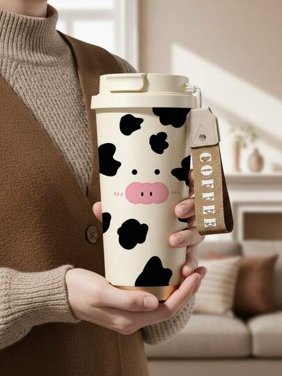 1 pieza Taza de viaje de acero inoxidable aislada al vacío con estampado de vaca linda de 530ml/18oz con correa tejida - Botella de agua adorable a prueba de fugas, adecuada para la escuela, la oficina y el automóvil, regalo perfecto para vacaciones, Año Nuevo para hombres y mujeres