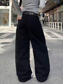 1 pieza Jeans anchos y sueltos de estilo casual para mujer, pantalones vaqueros versátiles y cómodos de estilo estadounidense para todas las estaciones (cinturón/accesorios no incluidos) - Negro - Ver 11