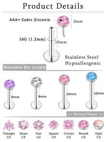 28 piezas Anillos de labio minimalistas de acero inoxidable con circonita cúbica AAA+ (triángulo/corazón/estrella/cuadrado), Set de perforación de labio sin costura de 20G/16G, unisex, adecuado para uso diario y fiestas nocturnas - Multicolor - Ver 5