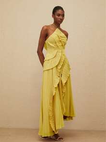 Women Ruffle Hem Pleated Sheer Mesh Long Maxi Dress Sleeveless Halter Neck Irregular Tiered Flowy Long Maxi Dresses For Wedding Guest Summer Holiday Beachwear - Màu vàng - Xem 9