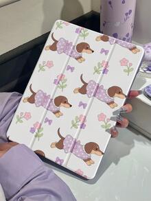 1个可爱卡通紫色小狗和花朵图案双面亚克力透明水晶后盖，防震，适用于iPad 7、8、10代（10.2英寸），内置笔槽，支持睡眠/唤醒功能，是理想的圣诞节和新年礼物