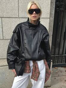 Women's Black PU Leather Jacket, Long Sleeve Zip-Up Bomber Jacket, Autumn/Winter Outerwear, Street Style - Dark Grey - View 6