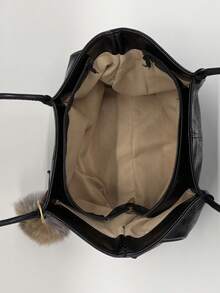 1个女士纯色PU单肩手提包，大容量复古PU手提包，带毛球挂饰，适合办公、通勤、购物、送礼。 - 黑色 - 查看 6