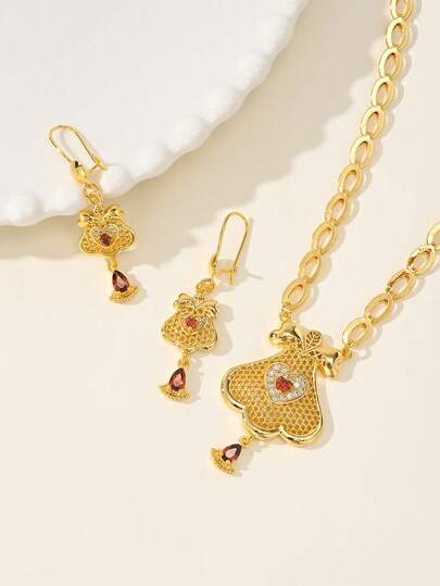 Conjunto de 3 piezas de collar con colgante en forma de lágrima y aretes, chapado en oro de 24K con estilo árabe y circonita cúbica, resistente a la oxidación, adecuado para uso diario y ocasiones especiales, gran regalo para el Día de San Valentín, Eid Al-Fitr