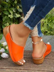 A Pair Of Simple, Pure-Colored, Open-Toe Round-Headed Women's Wedge-Heeled Thick-Soled Sandals, Comfortable And Lightweight, Orange Slippers, Resort Style, Suitable For Summer Daily Wear, Outdoor Wear, Beach Slippers, Orange Slippers, Orange Women's Sandals - 橘色 - 查看 3