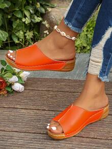 A Pair Of Simple, Pure-Colored, Open-Toe Round-Headed Women's Wedge-Heeled Thick-Soled Sandals, Comfortable And Lightweight, Orange Slippers, Resort Style, Suitable For Summer Daily Wear, Outdoor Wear, Beach Slippers, Orange Slippers, Orange Women's Sandals - 橘色 - 查看 4