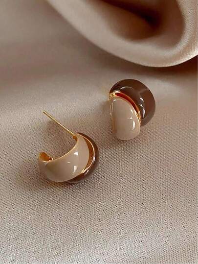 1 Pair Vintage French Geometric Enamel Dual-Tone Stud Earrings, Minimalist Unique Elegant Earrings Suitable For Women's Daily Wear, Commute, Gatherings And Other Occasions