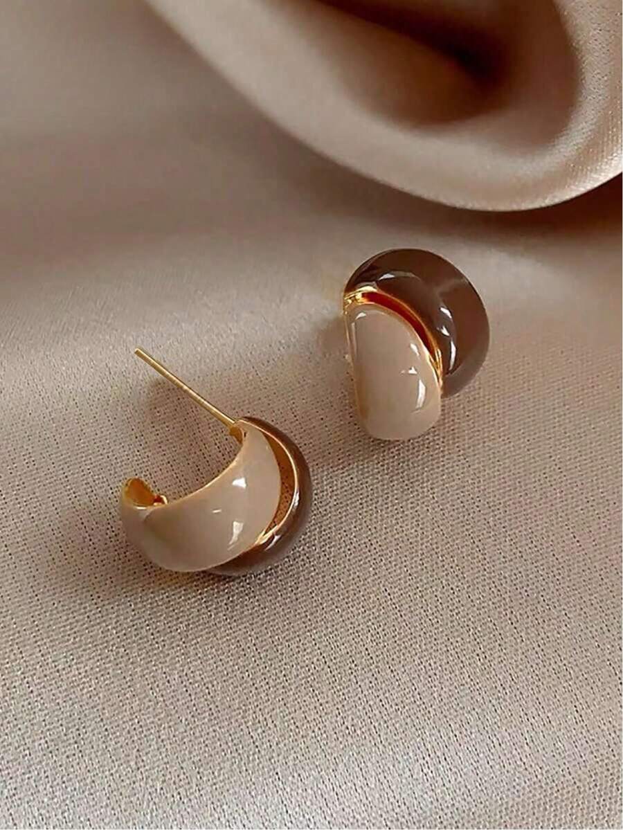 1 Pair Vintage French Geometric Enamel Dual-Tone Stud Earrings, Minimalist Unique Elegant Earrings Suitable For Women's Daily Wear, Commute, Gatherings And Other Occasions - White-brown - View 1