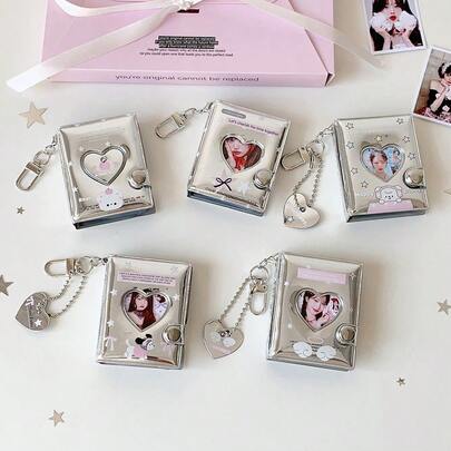1pc Shiny 2-Inch Silver Heart Hollow Photo Album, Cartoon Star Sticker Storage Book, Autograph/ID Card Holder