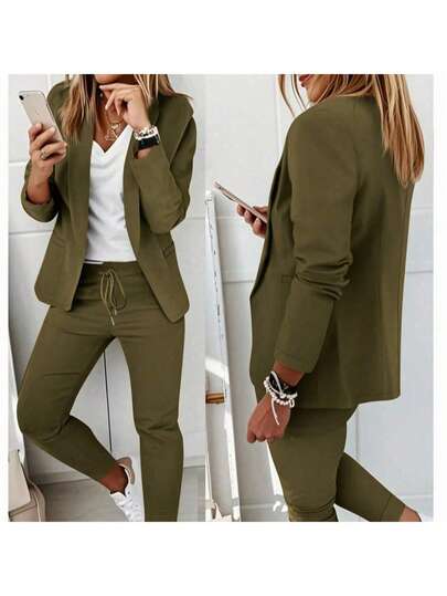 2pcs Women's Suit Set: Lapel Collar Jacket And Elastic Waist Pants