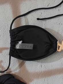 Sexy Halter Neck Women's Bikini Swimsuit, With Criss-Cross Back Straps, Side Tie Bottom, And Knotted Details - Black - View 10