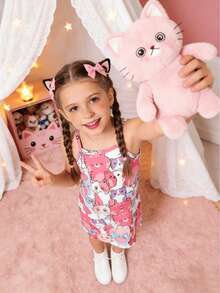 夏季女童无袖修身连衣裙，卡通猫咪印花，柔软面料，适合4-7岁儿童，休闲可爱猫咪连衣裙 - 粉色 - 查看 5