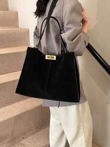 1个2026新款复古女士手提包（也可作单肩包使用），尽显奢华精致，采用麂皮绒面料，配有旋转扣。这是一款大容量便携购物包，适合日常休闲、通勤上班、大学上课、旅行、聚会、宴会等各种场合。 - 黑色 - 查看 5