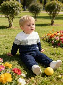 Back To School Baby Boys Clothes 2pcs Set, Casual Colorblock Round Neck Top Paired With Black Pants, Autumn - Light Grey - View 3