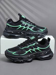 2026新款男士运动鞋，时尚系带运动鞋，黑绿个性街头风厚底休闲鞋 - 黑 - 查看 2