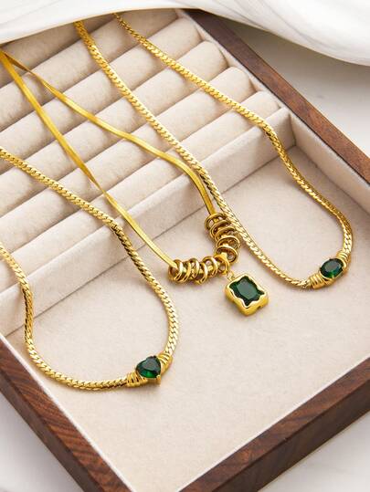 Dây chuyền mặt dây hình học bằng thép không gỉ 3 kiểu, đính đá Zirconia, thích hợp làm quà tặng cho bé gái, phụ nữ, dịp tốt nghiệp, tiệc tùng, kỷ niệm (dành cho cả nam và nữ)