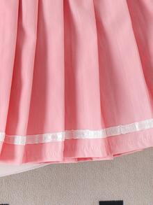 2pcs Girls' School Sports Heart Embroidery Sleeveless Polo Collar Top And Pleated Skirt Set, Summer - Pink - View 9