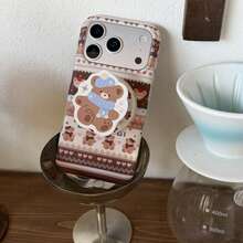 可爱卡通半包式双层磁吸法罗群岛棕熊手机壳，兼容苹果17 Pro Max、16 Pro Max、15 Pro、14、13，少女时尚手机保护套 - 棕色 - 查看 3