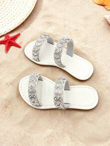 1 Pair Of Girls' Sparkling Diamond Double-Strap White PU Sandals With Open-Toe Flat Soles, Providing Comfort, Sparkle, Sweetness, And Elegance, Perfect For Summer Beach Wear. - White - View 3
