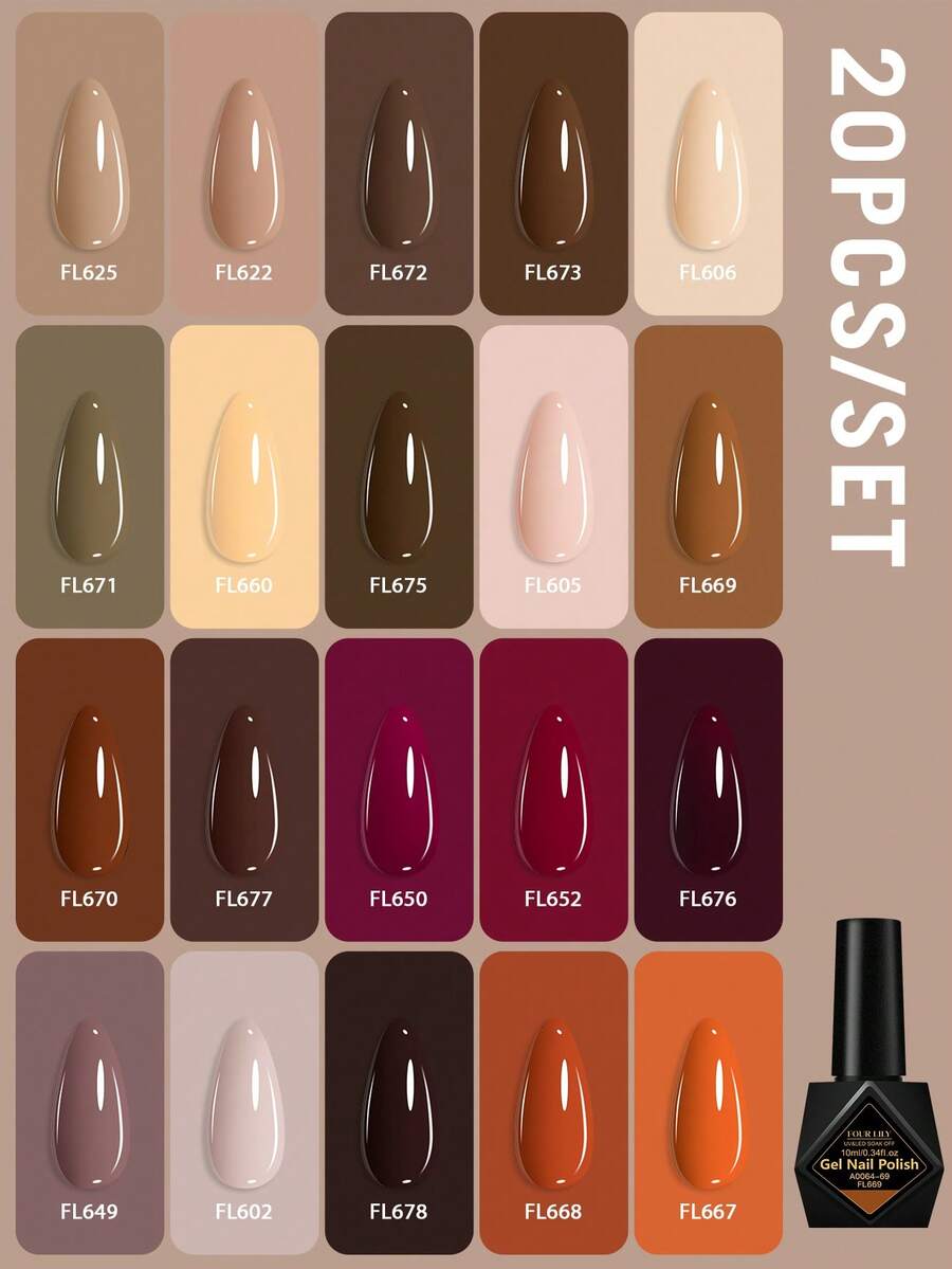 FOUR LILY 20pcs Set Kutek Gel Warna, 10ml - Kutek Gel UV/LED yang Dapat Dilepas & Dicuci untuk Penggunaan di Rumah dan Salon