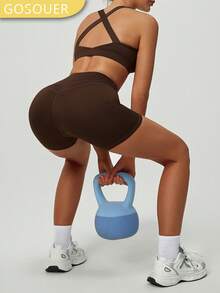 女士无缝高弹力交叉后背运动文胸，带可拆卸胸垫 - 咖啡棕 - 查看 6