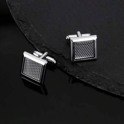 1 Pair Black Square Grid Pattern Copper Alloy Cufflinks, Fashionable For Party And Gathering